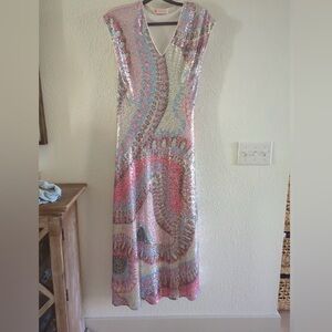 Jude Connally Sequin Midi Dress | Multicolor Abstract | Sleeveless V-Neck